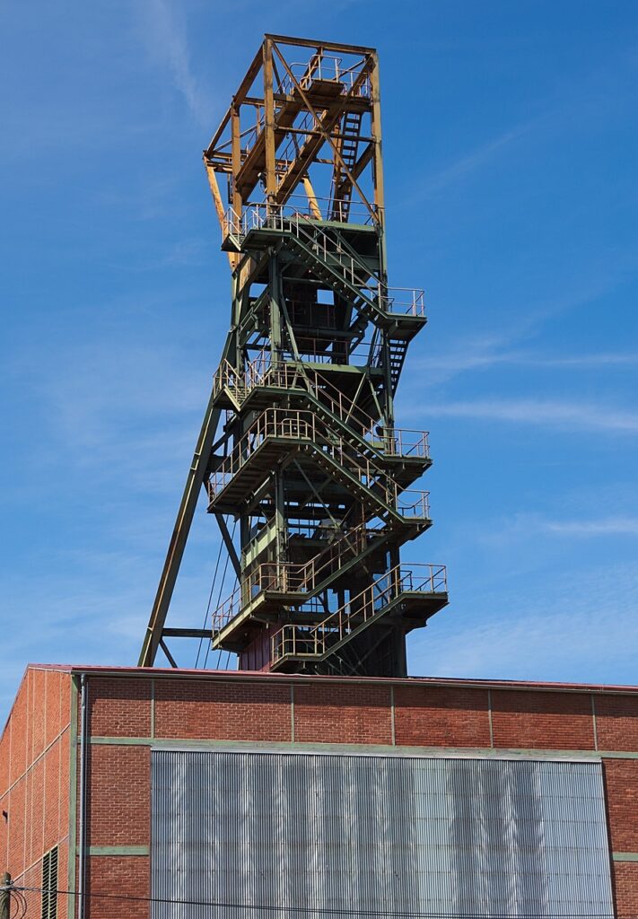 stairs, structure, headframe, mine, mining, conveyor system, industrial heritage